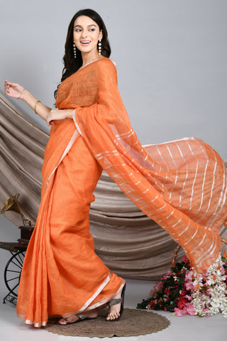 Swapna Creation Handwoven Saffron Linen Saree