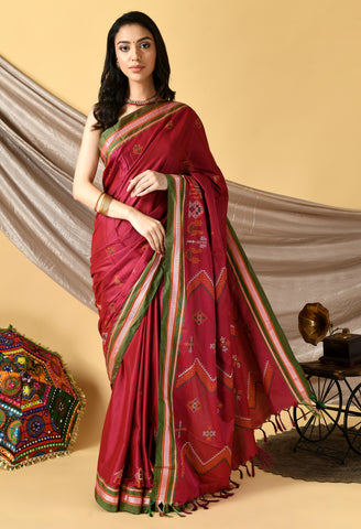 Swapna Creation Ruby Red Kasuti Embroidered Khunn Saree