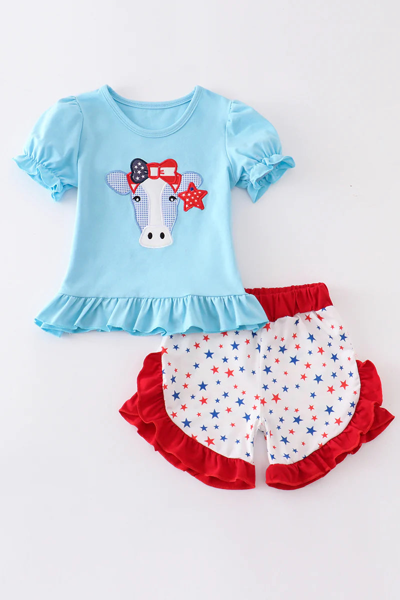 Blue cow star puffed sleeve set