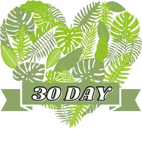 Mental Houseplant's 30-day plant guarantee seal consisting of a heart made of houseplant leaves and 30 day text.