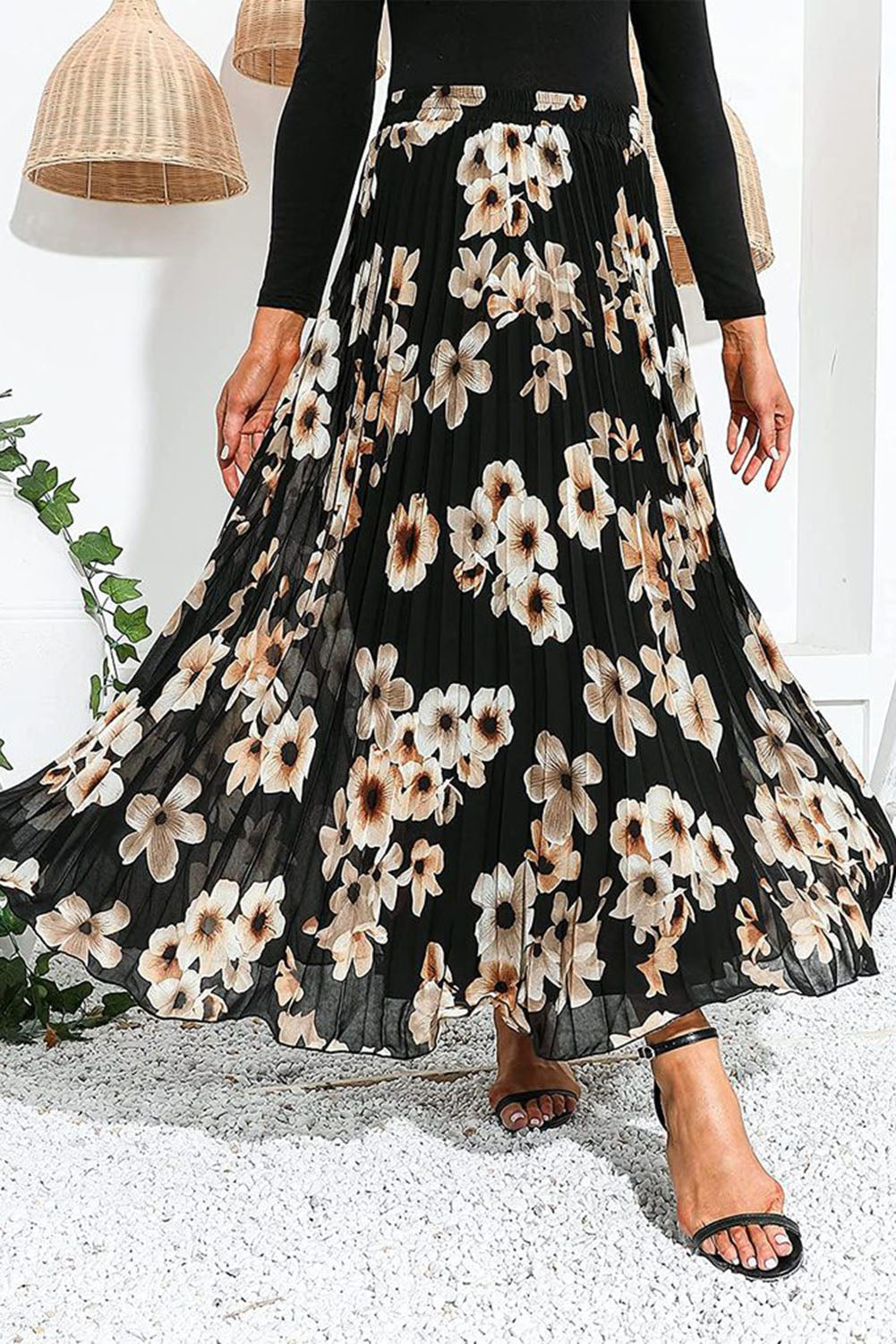 Boho Floral Printed Chiffon Elastic High Waist Pleated Long Skirt