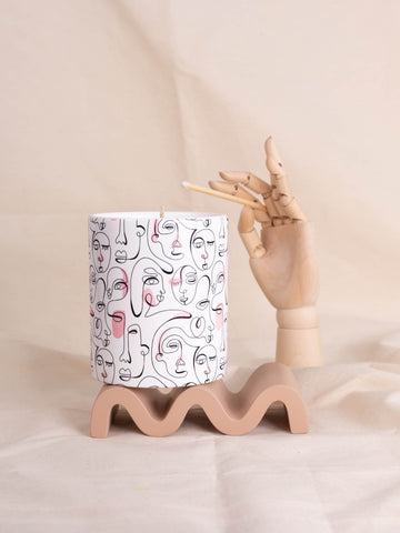 Scented Candle in Designed Ceramic Vessel featuring Ink Lines and Pink spots