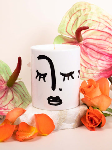 Scented Candle with Ink Line Design of a Face with a Sassy Expression