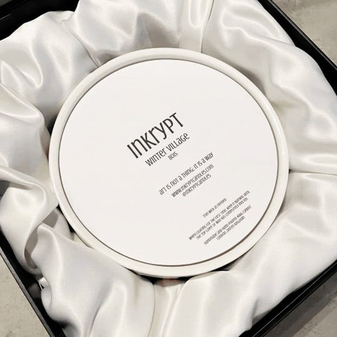 Inkrypt London Gifting Packaging opened with a 400g Candle and Cover