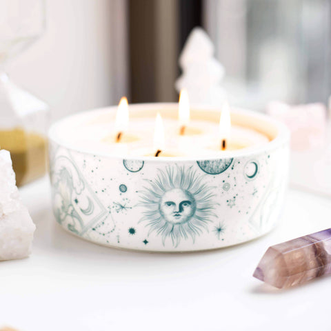 Big Scented Candle in Ceramic Vessel with a Mystical Design of the Sun, Stars and Constellations