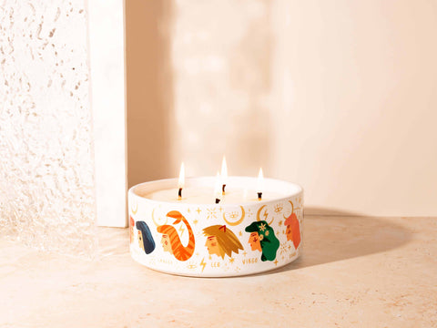 Big Scented Candle in Designed Ceramic Vessel featuring Watercolor Portraits of Zodiac Symbols