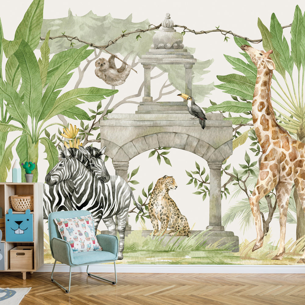 🥇 Forest mural or wallpaper with peacock birds and animals 🥇