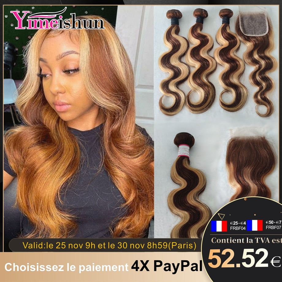 Highlight Bundles With Closure Body Wave Ombre Brown 3/4 PCS P4/27 Human Hair Lace Closure 30 Inches