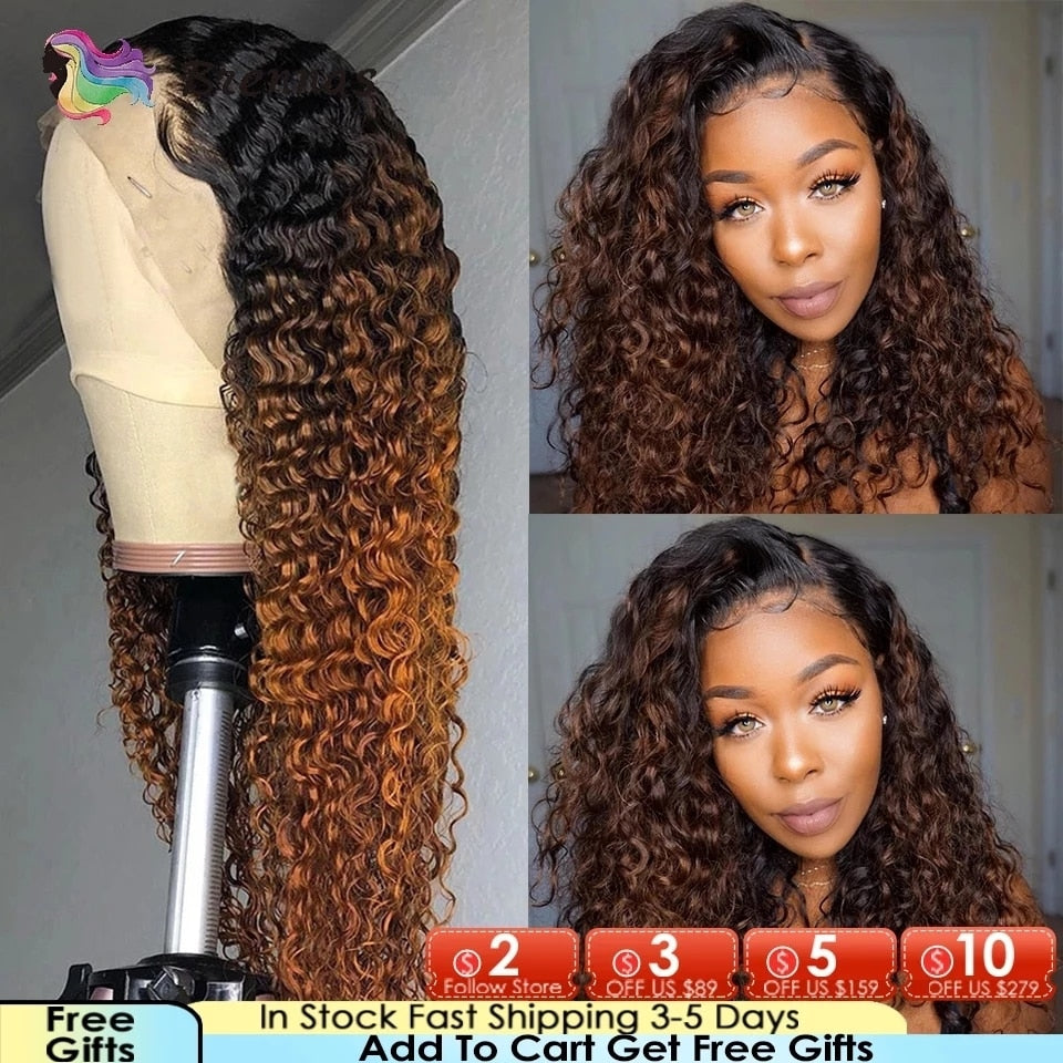 Ombre Curly Lace Front Human Hair Wigs For Women 1B33 Color 13x4 Lace Wig Brazilian Remy Hair Lace F