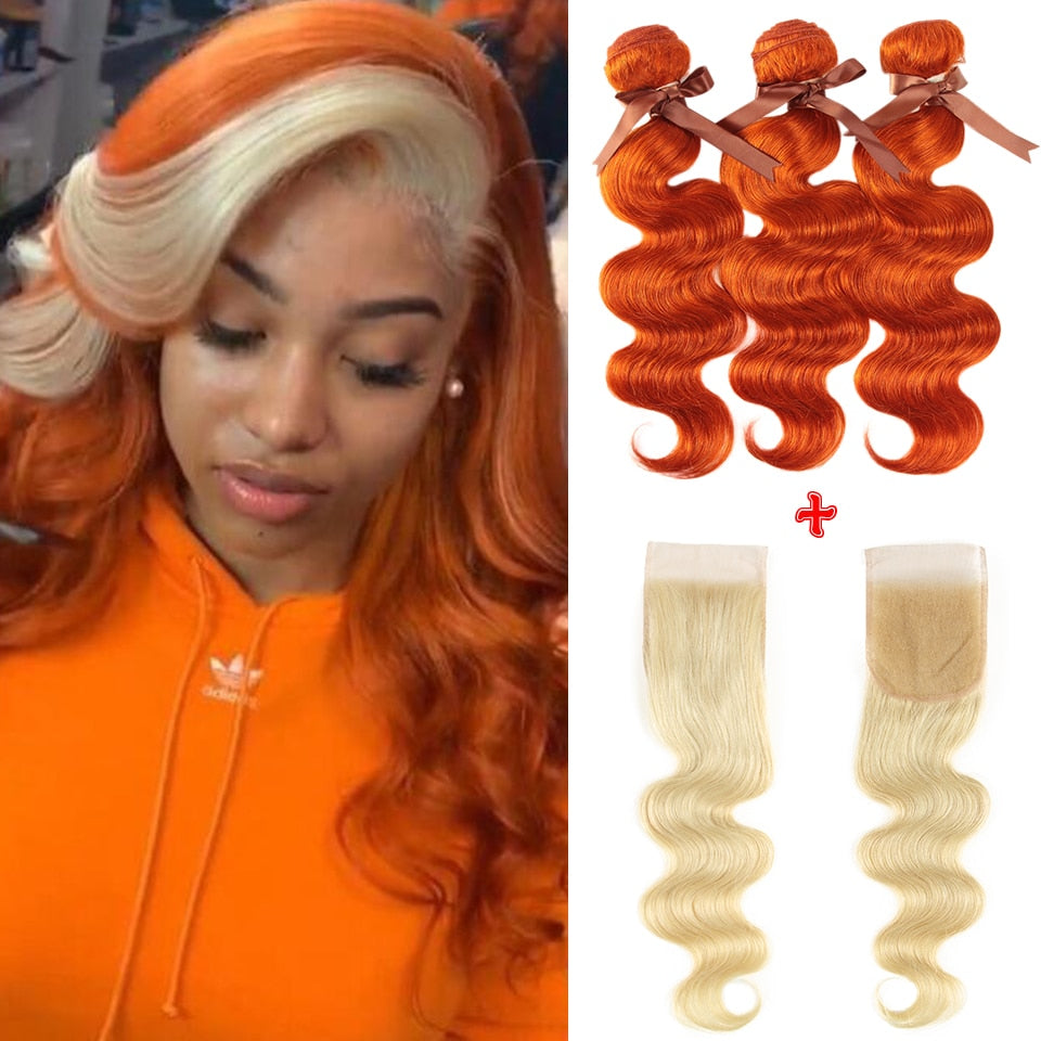 Remy Forte Blonde Body Wave Bundles With Closure Orange Brazilian Hair Weave Bundles 3 bundles Human