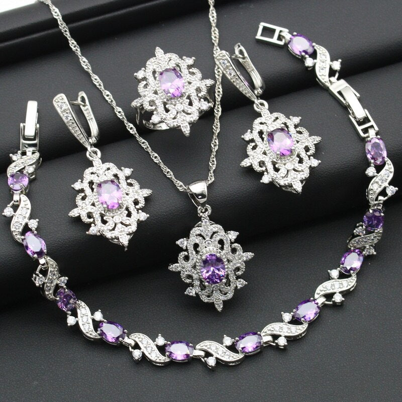 New Arrivals Green Zircon Silver Color Jewelry Sets for Women Exquisite Bracelet Earrings Necklace P