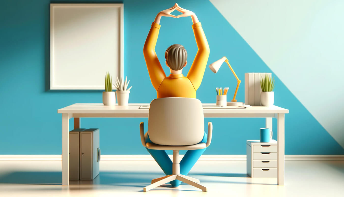 Seated Overhead Stretch - Office worker stretching arms up while working.