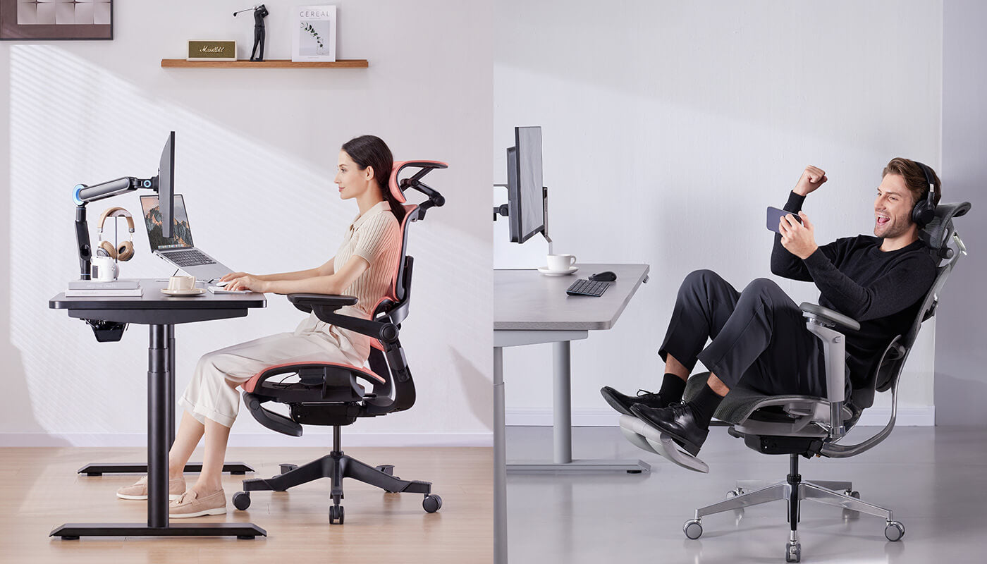 Woman and man comfortably using an ergonomic chair tailored to his height and needs.