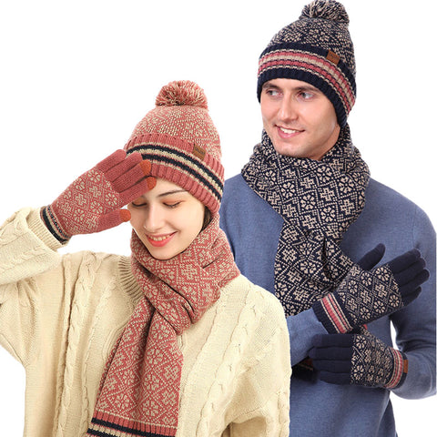 Three-piece Winter New Knitted Warm Woolen Hat Scarf And Gloves