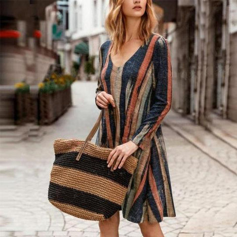 Printed Striped V-neck Pocket Long Sleeve Dress Women