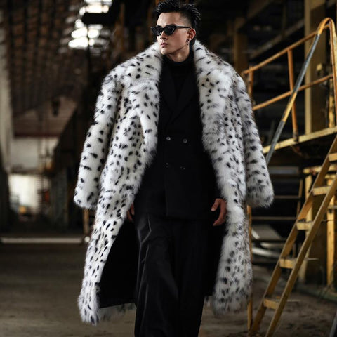 Men's leopard Long fox fur coat Winter casual warm wool trench coat