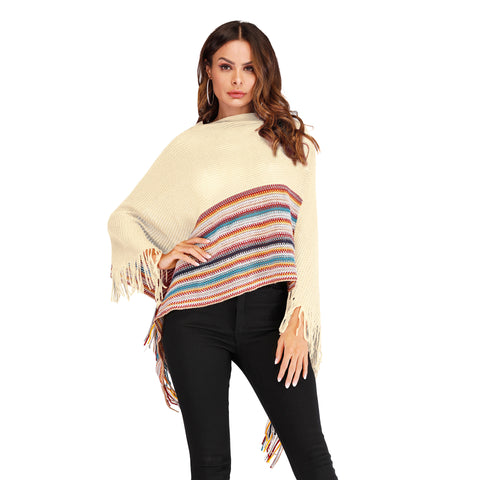 Fringed high neck color block shawl scarf