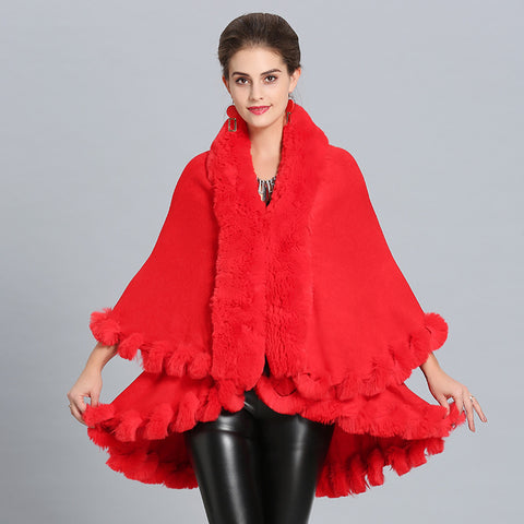 Loose Fox Fur Collar Double-layer Knitted Shawl Cloak Coat