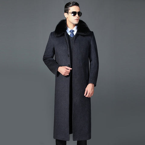 Men's Overknee Woolen Fox Fur Collar Thicken Warm Single-breasted Coat