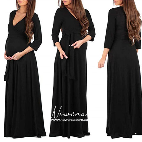 Long Sleeve Maternity Dress With Cross Deep V Neck Belt