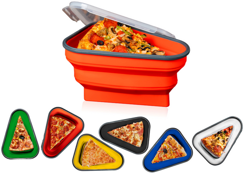 The Pizza Pack! A collapsable food storage container featured in colors green, red, yellow, black, blue, and white! 