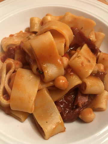 Pasta Setaccioro Calamarata Kichererbsen getrocknete Tomaten