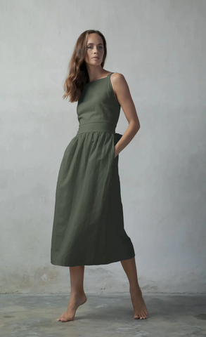 Khaki Linen Midi Dress for Casual girls night outfit