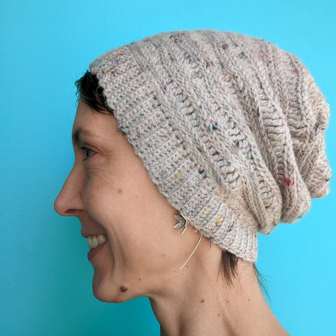 Rebecca wearing Rocky Shore Crochet hat