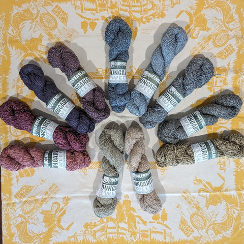 Dungarees Tweed yarn laid out on a table