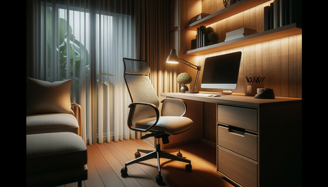 comfortable office chair with ergonomic design, positioned in front of a wooden desk equipped with a computer and stationery.
