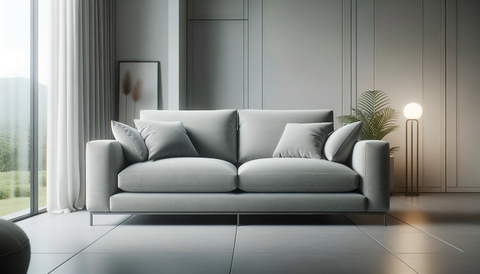 A modern 2-seater sofa, upholstered in soft fabric, sits invitingly in the center,