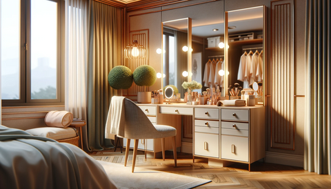 dressing table with mirrors, placed within a dressing room