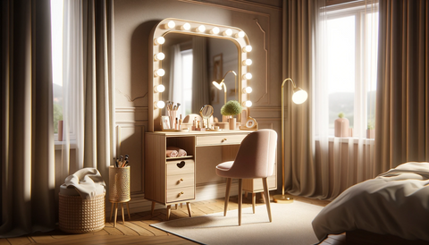 dressing table with mirrors, placed within a bedroom