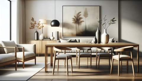 a modern and simple wooden dining table in a living room setting.