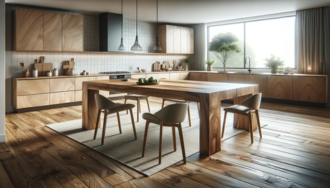 a modern wooden dining table in a kitchen