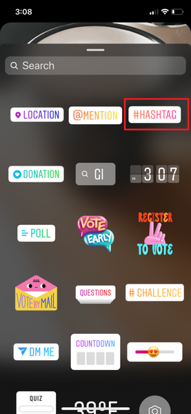 Select the sticker button, three buttons in from the top in order to add the hashtag button.