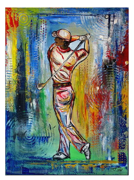 Auftragsmalerei Golfspieler Praxis Gemälde Golfer Abschlag handgemalt