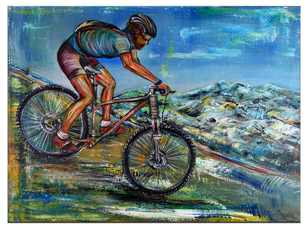 Mountainbiker Wandbild downhill Fahrrad Berge Malerei Gemälde Leinwandbild Acrylbild 80x60