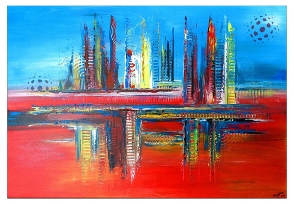 Abstrakte Malerei wandbild blau rot handgemalt