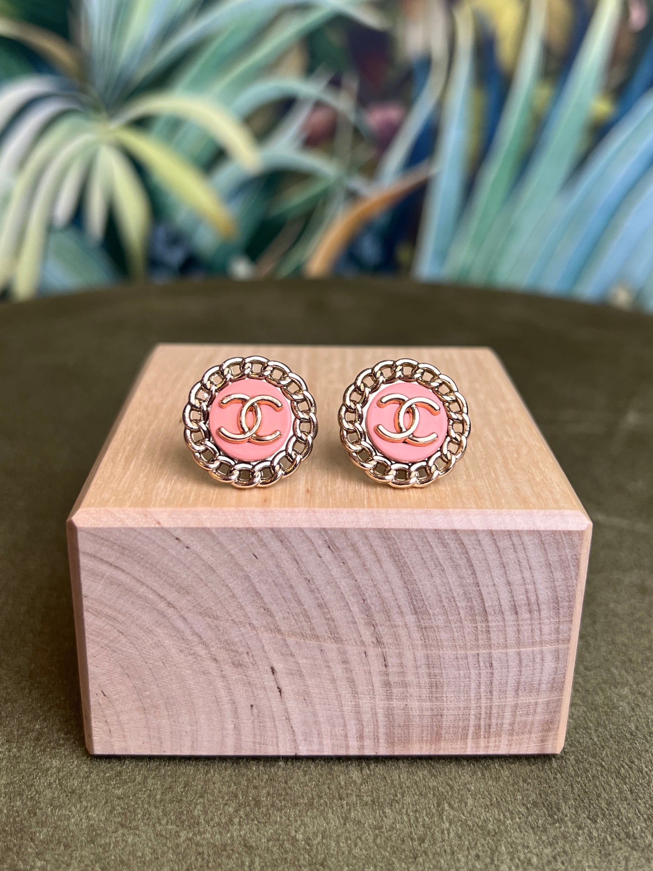 image of Repurposed CC Button Earrings Pink/Gold