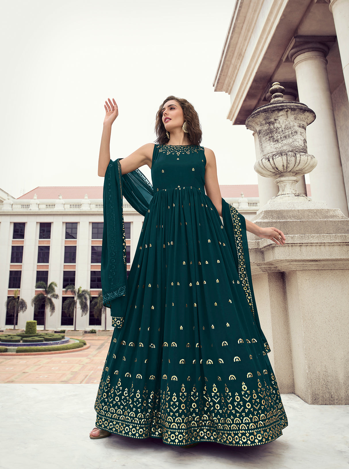 Gown : Rama green heavy faux georgette embroidery stylist ...