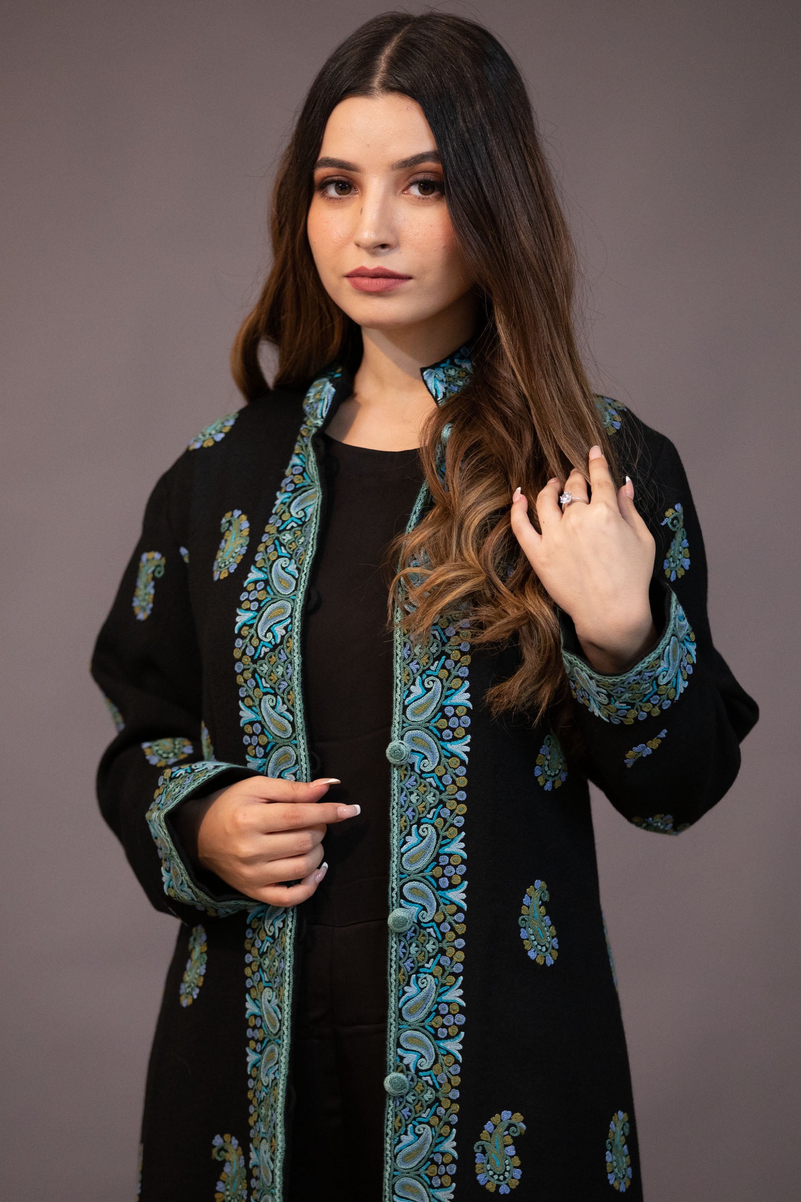 Buy Exotic India Women's Silk Long Kashmiri Jacket with Hand-Embroidered  Multicolor Flowers (Frost-Grey) at Amazon.in