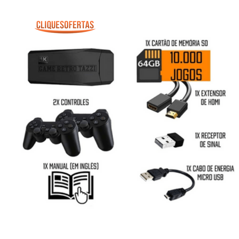 Super Game Stick Retrô Versão 2023 64 GB, com 10.000 jogos + 2 control