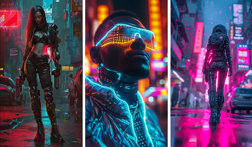 2 women and a man in cyberpunk outfits