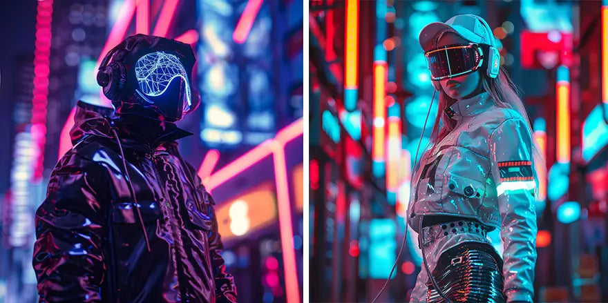 a man and a woman in cyberpunk outfit