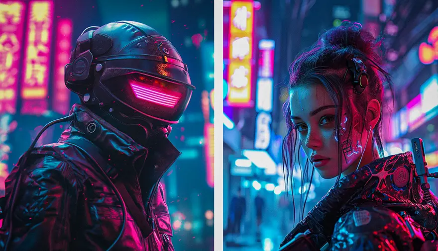 a man and a woman in cyberpunk outfit