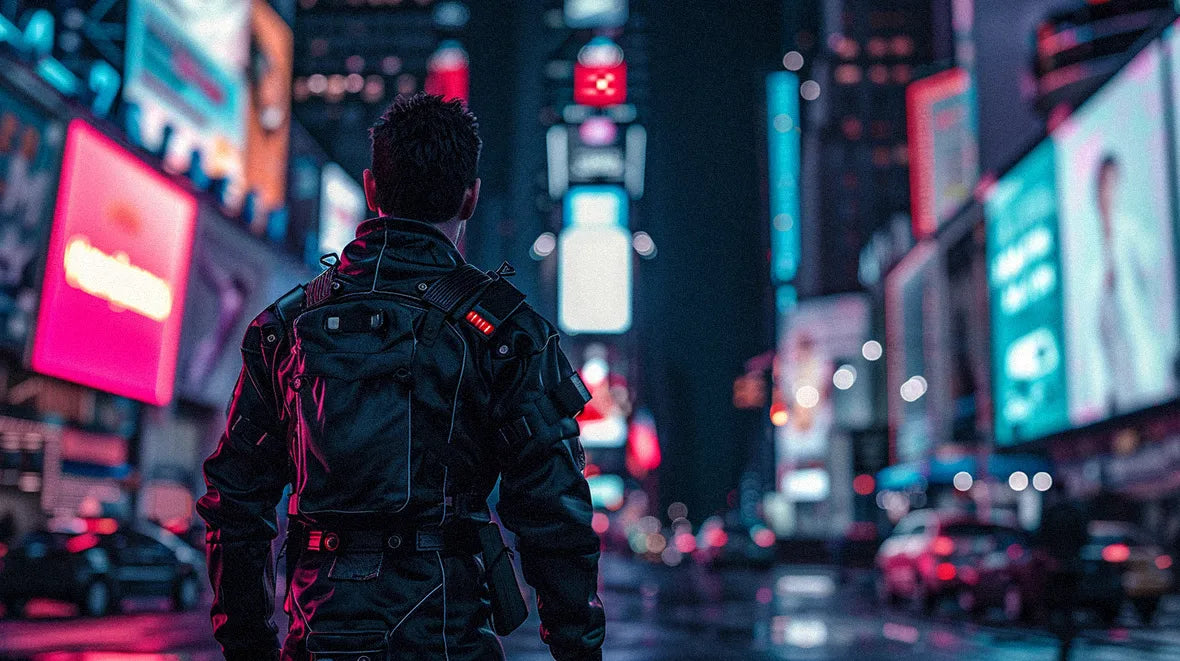 man wearing a Cyberpunk backpack