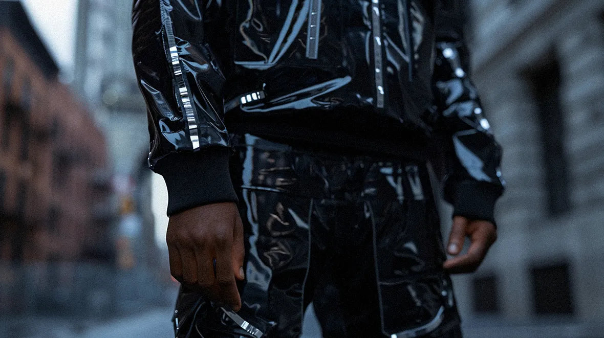 man wearing cyberpunk reflectiv gear