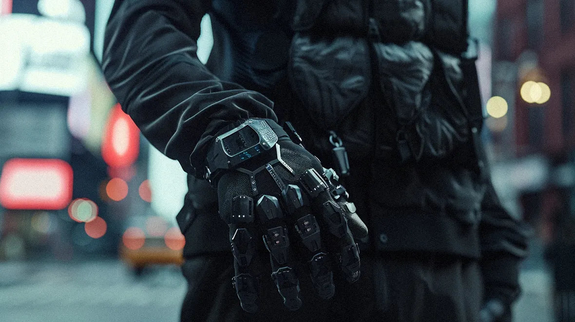 man wearing cyberpunk gloves