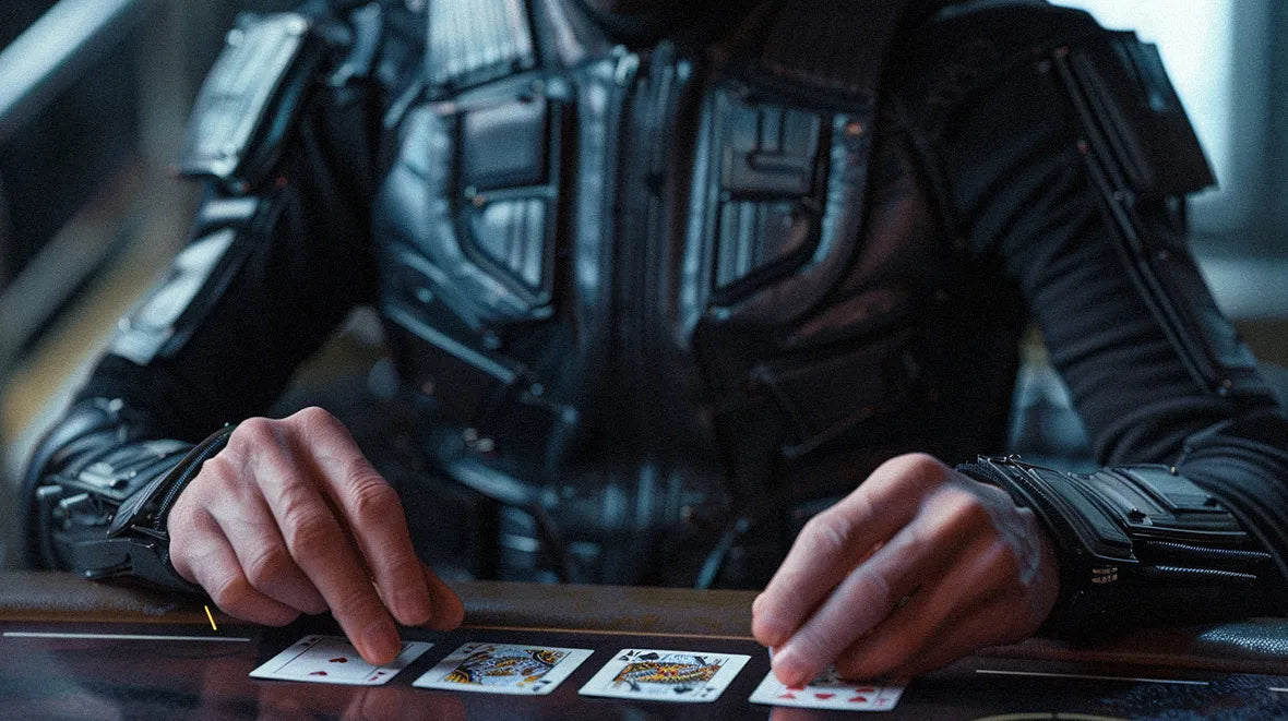 man wearing cyberpunk outfit and playing cards